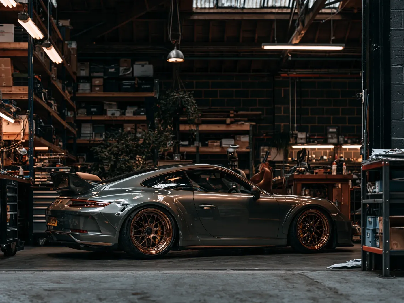A 991 GT3 on the ramp in the JGC workshop